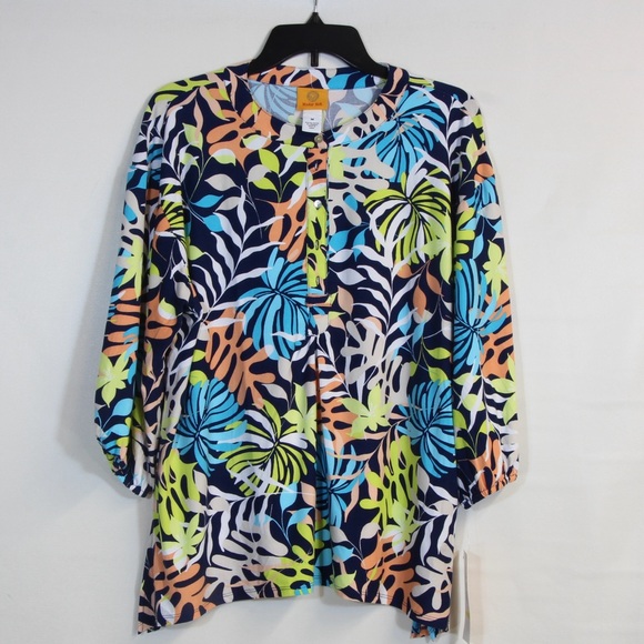 Ruby Rd. Women's Eclectic Geo Paradise Floral Long Sleeve Navy Blue Top NWT - Picture 2 of 6